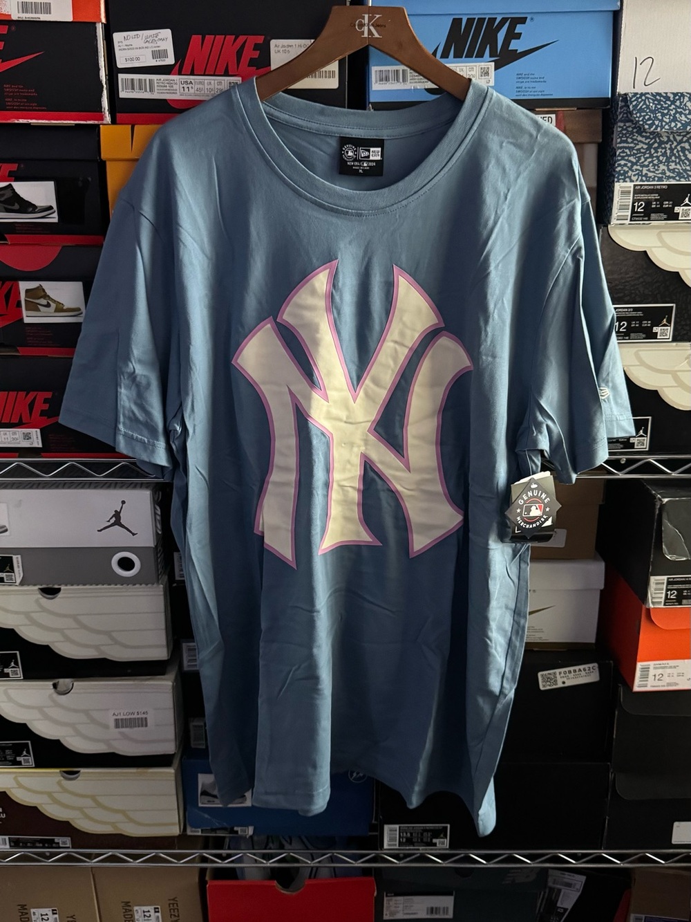New Era Blue Short Sleeve Tee with Cream and Pink NY Logo